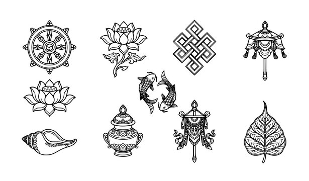 Spiritual Buddhism line icons featuring elegant vector linear symbols for Dharma wheel lotus flower and sacred enlightenment philosophy
