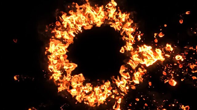 Radial fire ring explosion with sparks on black background
