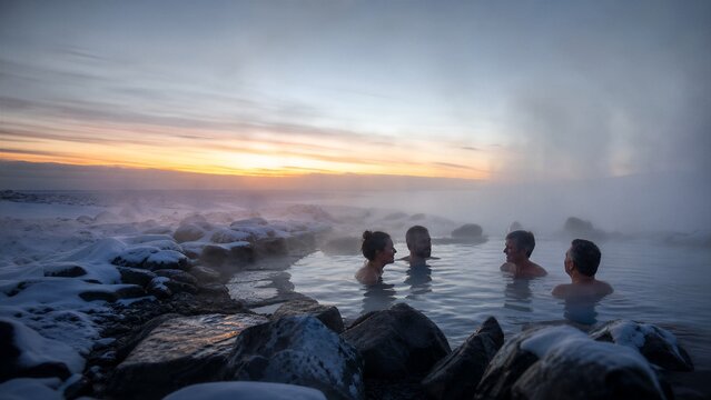 Woman and men relaxing in natural hot spring surrounded by snow during winter sunset. Steam rising from water. Outdoor spa and travel tourism concept