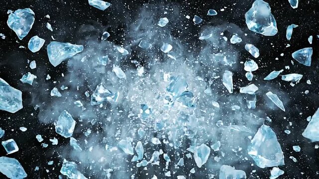 Ice sphere shattering and exploding into shards on black background