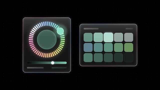 Dynamic glass UI color picker featuring a vibrant color wheel with teal, amber, and lime accents alongside a sleek swatch panel showcasing various shades of pink and gray, perfect for modern design