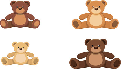 Naklejka premium Cute Teddy Bear Toy Vector Icon Set Featuring Sitting Plush Stuffed Animals in Various Brown Shades for Nursery and Kids Graphic Designs