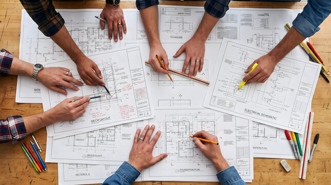 Top View Business Team Collaborating with Architectural Blueprints and Markers at Wooden Desk Planning Meeting