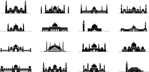 Fototapeta premium Islamic Mosque Building Silhouette Icon Set Featuring Famous Mosques with Domes and Minarets for Ramadan and Eid Mubarak Graphic Designs