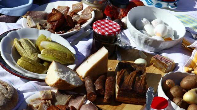 Traditional rural meal, breakfast at open on the harvest time.