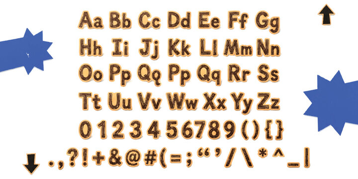 Alphabet letters and numbers set with brown texture and blue decorative star elements
