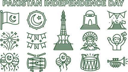 Fototapeta premium Pakistan independence day celebration icon set featuring national landmarks and cultural symbols illustrated on white background