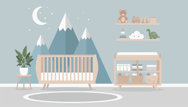 Serene nursery space includes wooden crib and changing station with decorative mountain mural under crescent moon stars.
