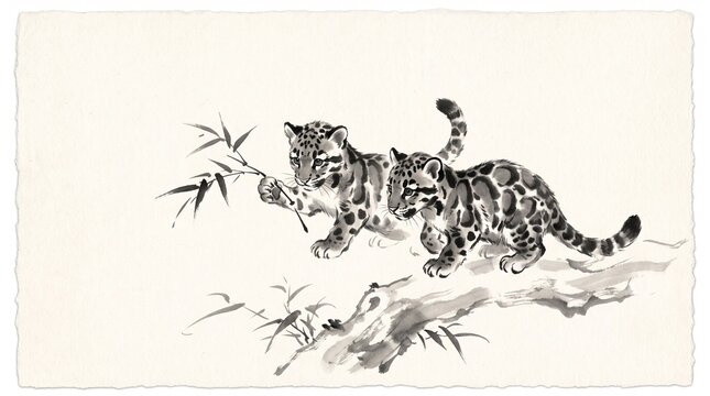 Traditional Chinese ink painting style illustration of playful clouded leopard cubs climbing on a tree branch in a mountain landscape