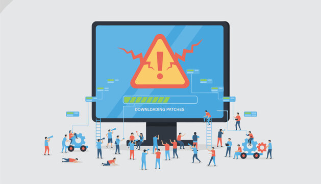 Many technicians work on computer screen with warning sign while downloading software patches for digital system maintenance.