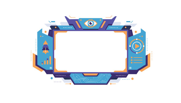 Futuristic digital display frame features high tech interface with eye icon and play button for streaming media content.