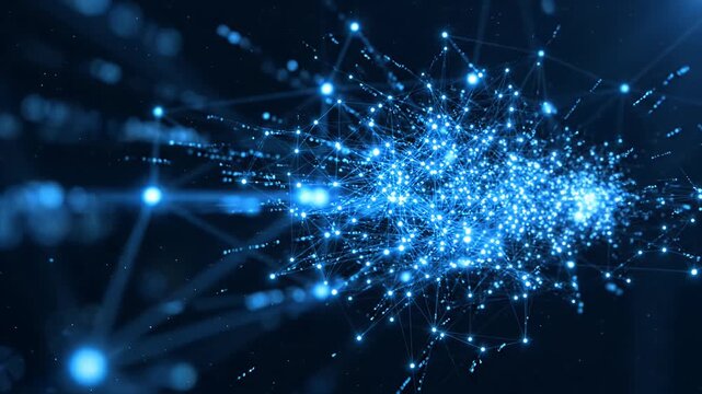 Glowing blue particle cluster on dark abstract background.