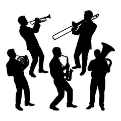 Naklejka premium Set of musicians playing wind instruments in silhouette vector illustration.