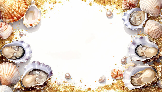 Elegant frame of fresh oysters, seashells, and pearls with gold glitter accents on a white background for a luxury seafood menu or invitation.