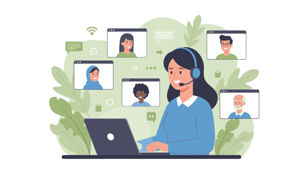 Support agent wearing a headset managing a video conference meeting with multiple colleagues on a laptop screen with green foliage background.