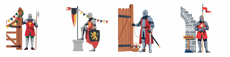 Fototapeta premium Collection of four medieval knights in full armor with weapons and banners at a historical fairground, flat vector illustration on white background.