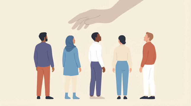 Diverse group of people looking up at a giant helping hand