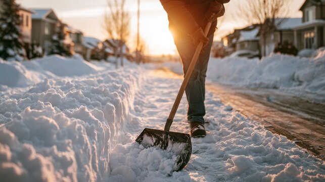 Person using a shovel to clear fresh snow from driveway in a residential neighborhood during a golden sunset with houses and trees in the background on a winter day