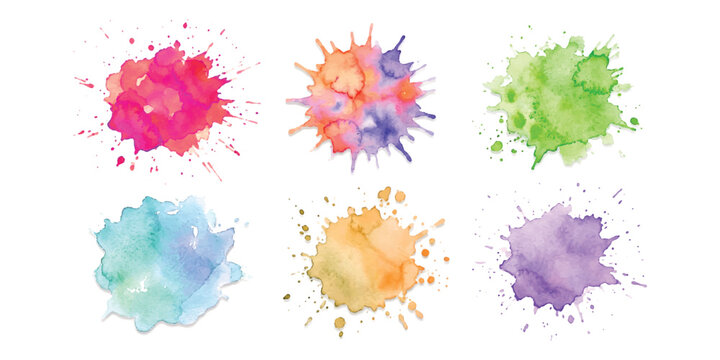 Set of colorful watercolor paint splashes and ink blots for creative design projects