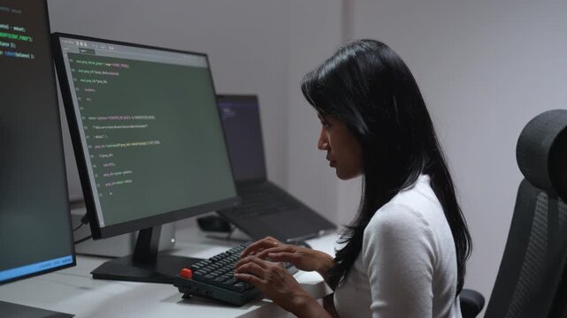Female programmer studies lines of code on her monitor while typing at a keyboard in a modern office.