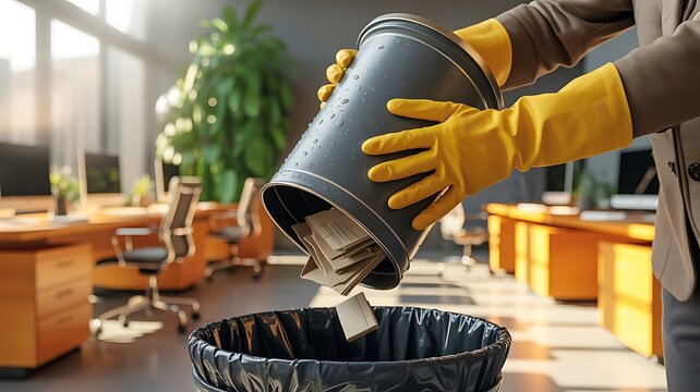 Person wearing yellow rubber gloves emptying a trash bin full of shredded paper documents into a waste basket in a modern office environment