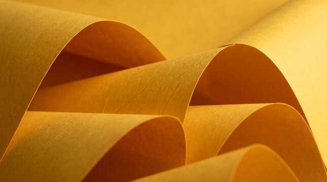 Abstract waves of golden yellow paper sheets curving with abstract, background