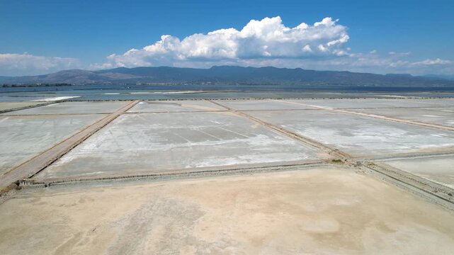 Salt Flats of Messolonghi Aerial Panoramic View, Salt Pans Landscape with Arakinthos Mountain in Background