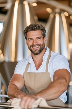 Brewer smiling while wiping conical fermenter in brewery with warm lighting