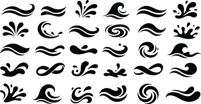 Water splash ocean wave silhouette set vector graphic for liquid drop swirl burst and sea surf icon design