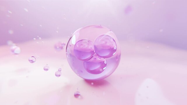 3D animation combining DNA molecules with a translucent purple serum bubble, representing advanced skincare, genetics, biotechnology, molecular science, beauty research, and cosmetic innovation.