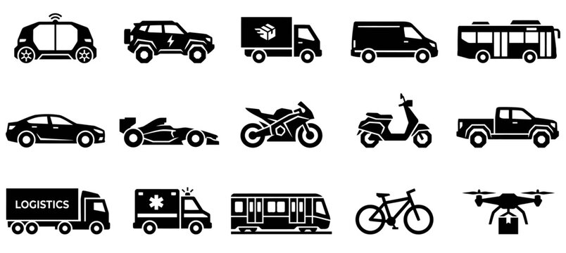 Vector illustration set featuring various black silhouette transportation icons including cars trucks motorcycles and public transit vehicles