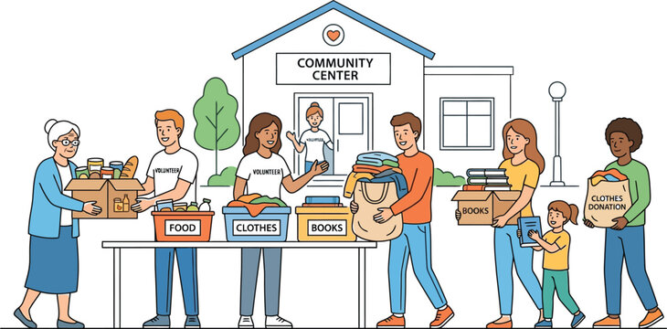 Diverse group of kind volunteers organizing charitable donations at a local community center on white background