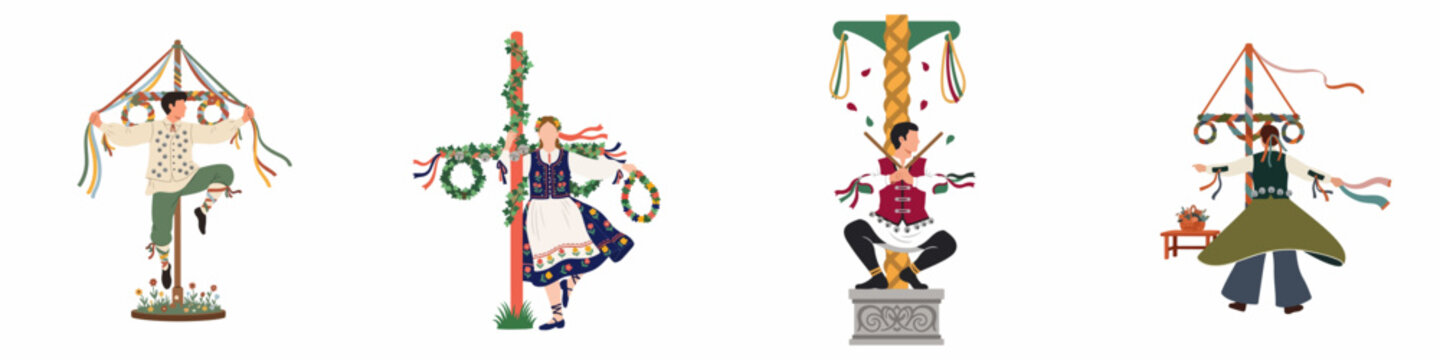 Set of flat vector illustrations depicting people in traditional folk costumes celebrating Midsummer and dancing around decorated maypoles on a white background.
