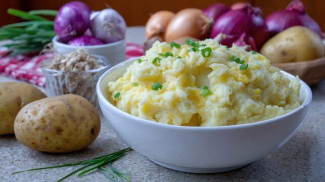 Creamy mashed potatoes with chives and onions on kitchen counter