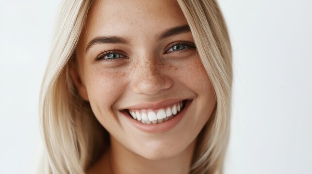 Closeup smiling young woman portrait with freckles and bright teeth for beauty and skincare banner design and lifestyle advertising