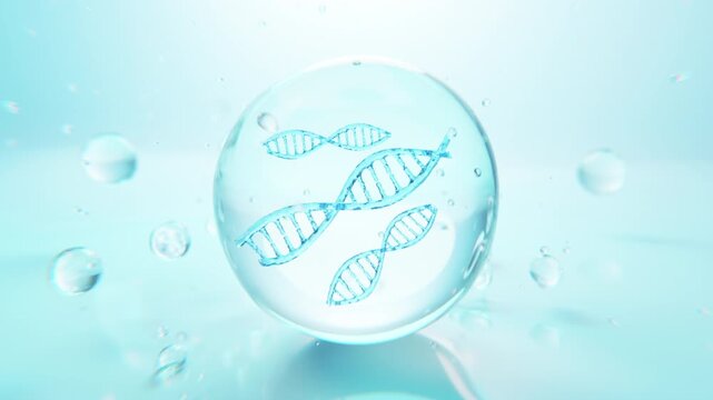 3D animation of blue DNA molecules suspended inside a transparent serum bubble, representing genetics, biotechnology, molecular science, skincare research, and advanced beauty technology.