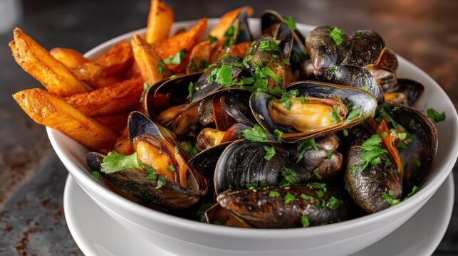 Steamed mussels tossed with herbs served with seasoned fries in a white bowl for culinary menu or food presentation