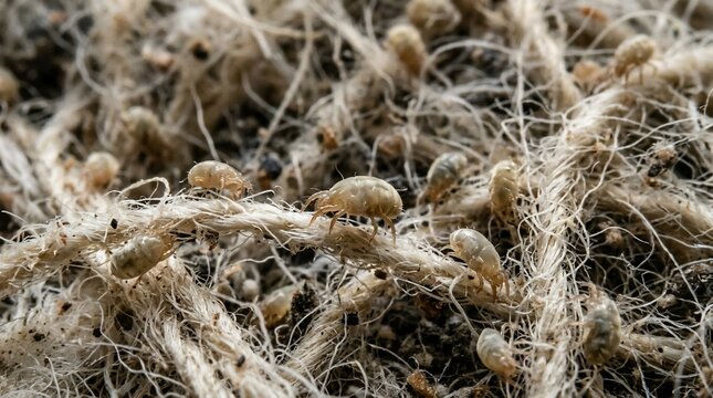 Group of small crustaceans crawling on tangled fishing net.