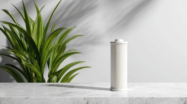 Minimalist air purifier cartridge on marble countertop with green plant in background