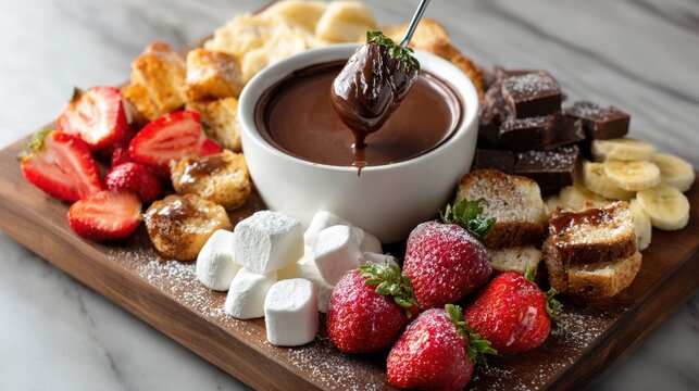 Delicious chocolate fondue with strawberries, bananas, marshmallows, and cake on wooden platter