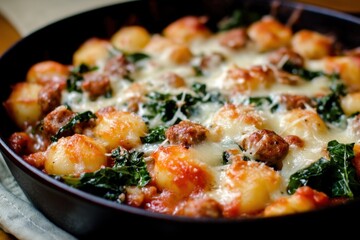 Baked gnocchi with sausage, kale, and cheese in tomato sauce © Soba