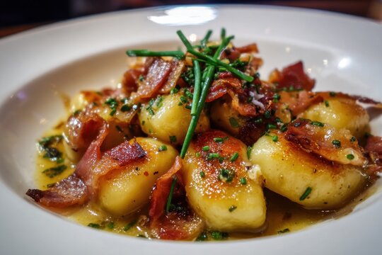 Delicious gnocchi dish with crispy bacon and chives garnish in white bowl