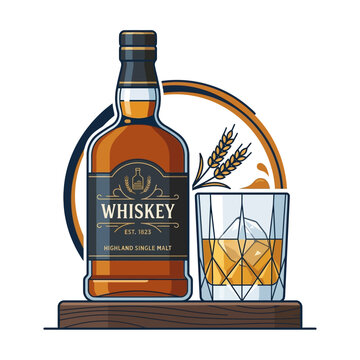 Whiskey Bottle and Glass with Ice - Alcohol Illustration, Single Malt, Est. 1825