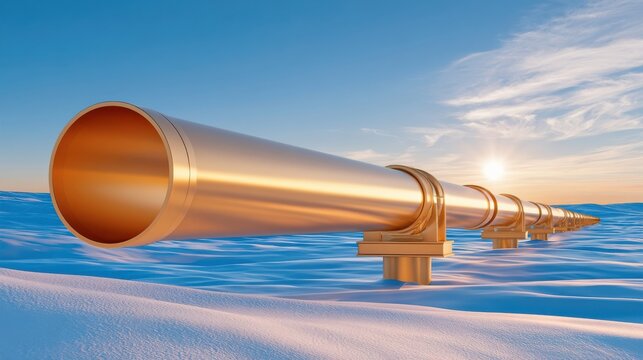 Large diameter oil pipeline crossing snowy arctic tundra under clear blue sky at sunset