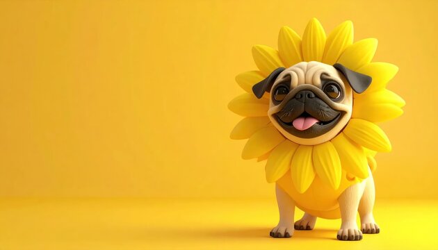 Pug Dog Wearing Sunflower Costume Yellow.