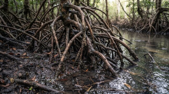 Close up mangrove aerial roots with rich natural textures for coastal ecology, conservation and environmental education concepts
