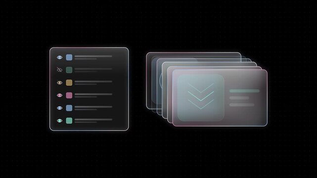 Dynamic Glass UI Layer Stack Animation Featuring Soft Rim Lighting in Azure and Rose, Teal and Amber Layers on a Black Background, Ideal for Modern Interface Designs