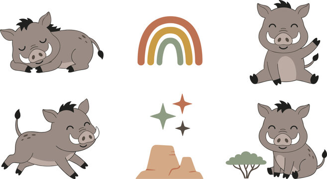 Cute warthog cartoon vector collection featuring sleeping, sitting, waving, running poses, rainbow, savanna tree, and adorable safari wildlife character illustrations