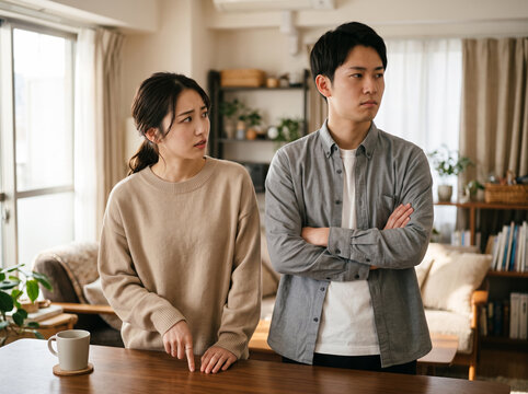 リビングで不満そうな表情を浮かべて喧嘩しているカップル女性