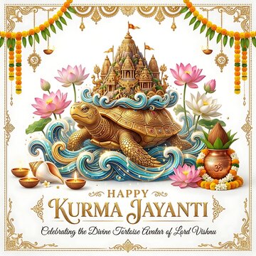 Happy Kurma Jayanti festival poster. Hindu religious celebration with golden turtle deity.